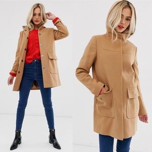 ASOS Design "Hooded Slim Coat" Snap-Down Faux-Wool Pea Tan Retro Minimalist 00